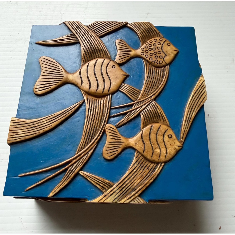 Vintage Taiwan Carved Soapstone Trinket Box Blue Angelfish Stone Jewelry Holder